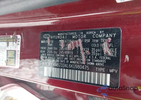 2019 Hyundai Tucson Night z USA, uszkodzony, nr VIN KM8J33AL6KU980475